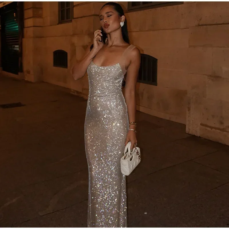 High Grade Sequined Shiny Jumpsuit Sleeveless Halter Backless Gauzy Design Evening Dress Organza