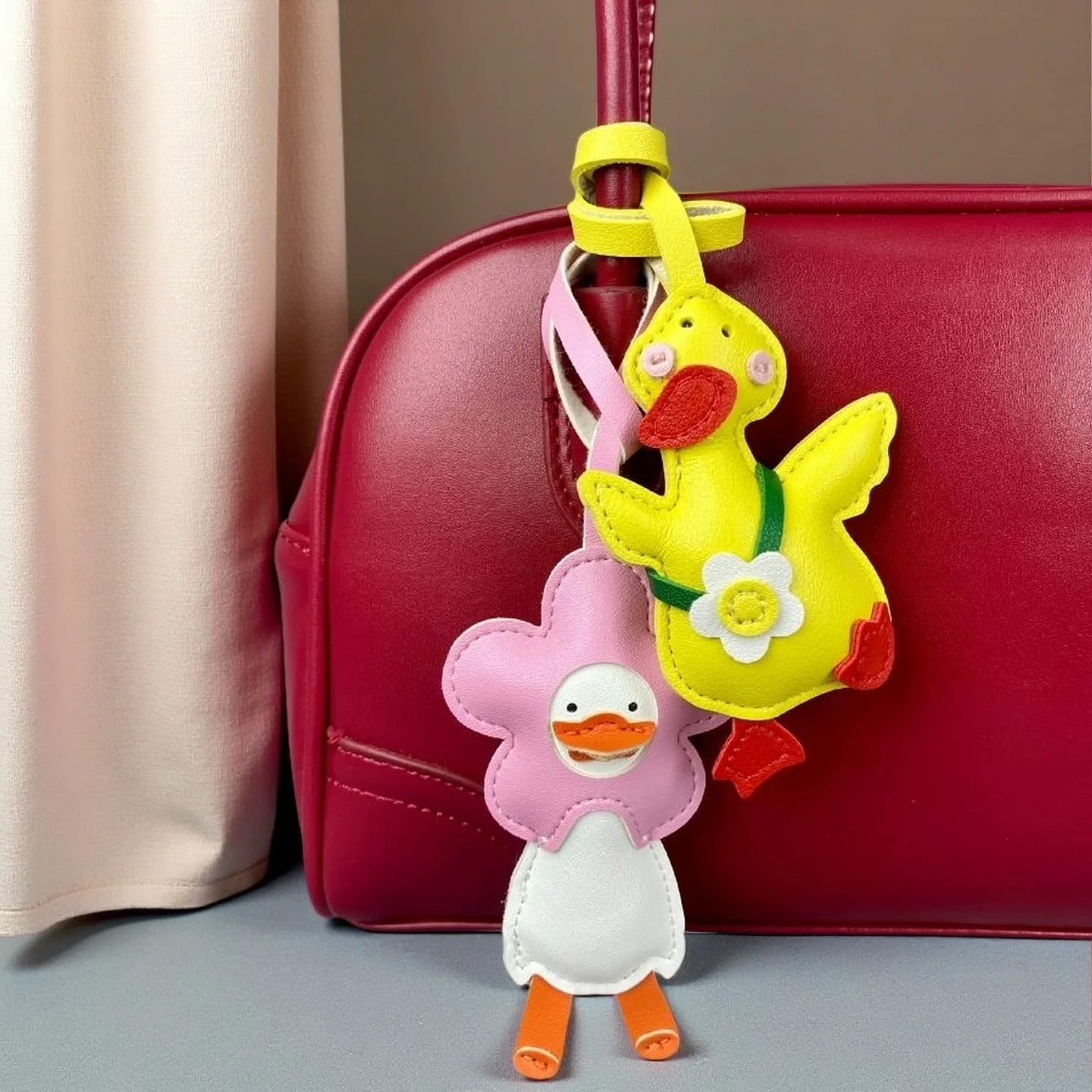 Charming Leather Flower Duck Keychain - Handmade Bag Accessory & Gift
