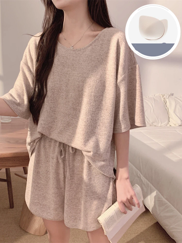 Solid Color Women Pajama Sets Oversized Summer Thin Pijama Two Pieces Night Wears For Sleeping Simple Casual Student Home Suit
