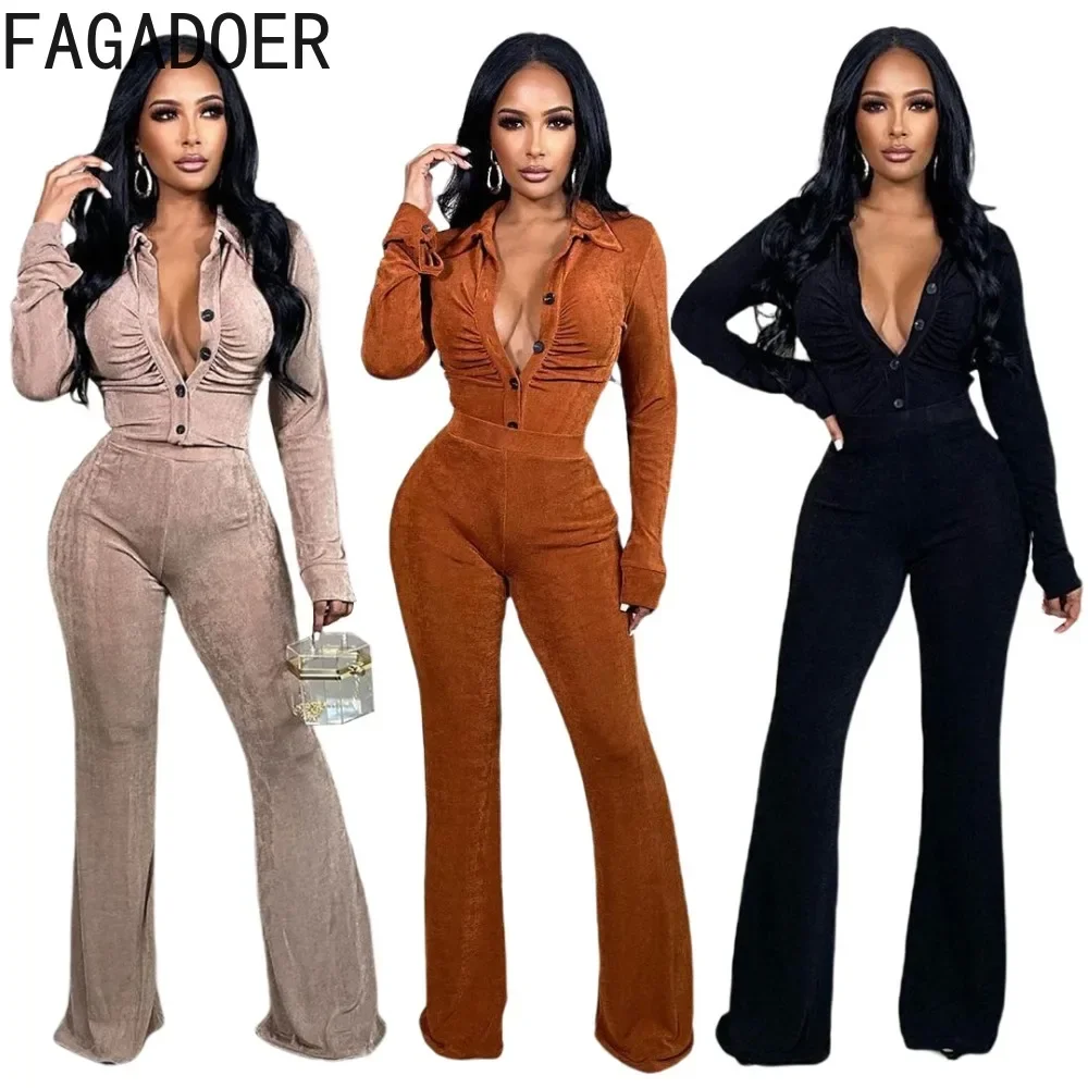 FAGADOER Autumn Casual Velvet Two Piece Sets Women V Neck Button Long Sleeve Top And Pants Tracksuits Female Solid 2pcs Outfits winter new velvet padded sweater men s round neck middle aged casual fashion loose knitted sweater bottom