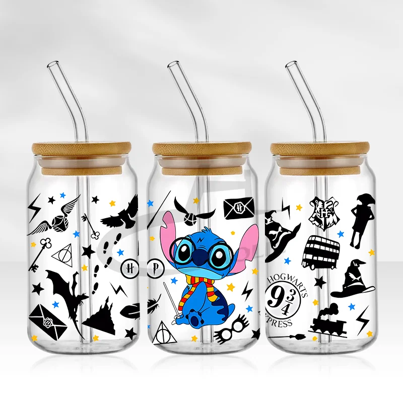 UV DTF Cup Wrap 16oz Blue Cartoon Transfers Libbey Wrap Tumbler Stickers Glass Can Self-adhesive Waterproof