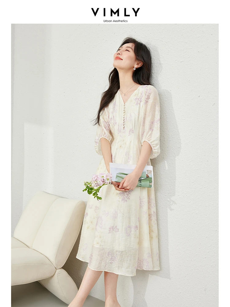 

Vimly Summer Linen Blend Floral Midi Dress for Women 2024 Elegant Fairycore V-neck Puff Sleeve Tie Waist Ladies Dresses M6109