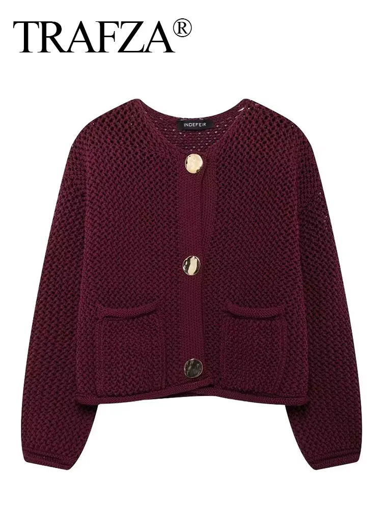TRAFZA Women Vintage Wine Red Sweater Cardigan Female Metal Buttons Long Sleeve Coat With Pockets Fashion High Street Knitwear 6