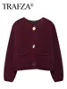 TRAFZA Women Vintage Wine Red Sweater Cardigan Female Metal Buttons Long Sleeve Coat With Pockets Fashion High Street Knitwear 6