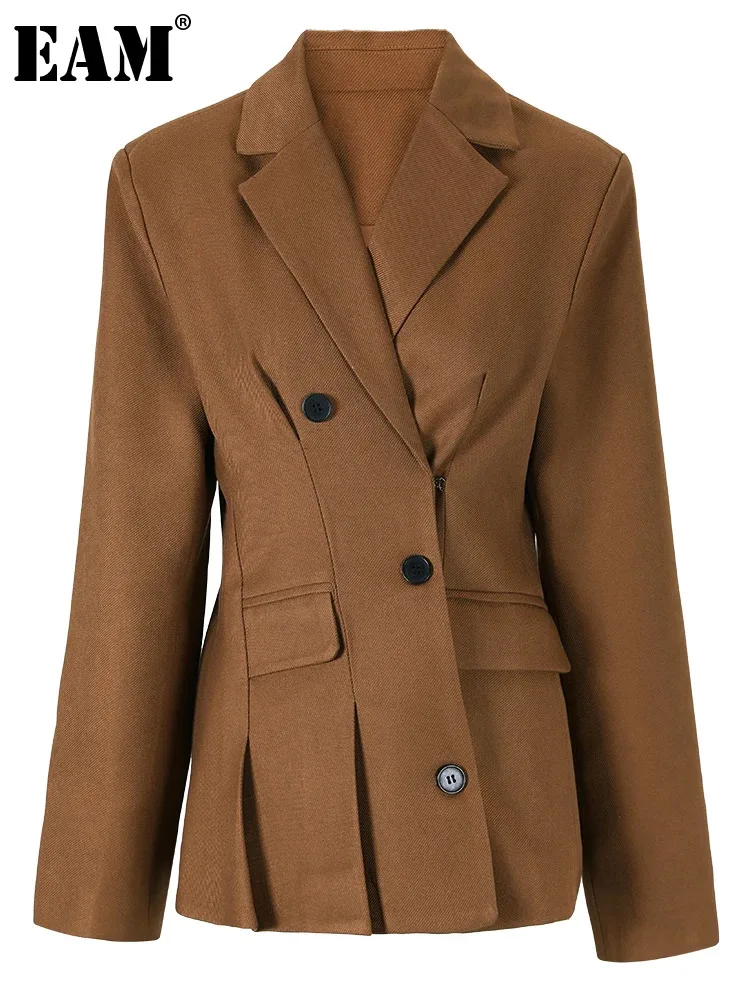 

[EAM] Women Brown Pleated Hem Irregular Elegant Blazer New Lapel Long Sleeve Jacket Fashion Tide Spring Autumn 2024 7AB1120