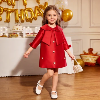 New Fashion Girls Western Style Long-Sleeve Red Princess A-Line Skirt Luxury Handmade Pearl Diamond Dress 1