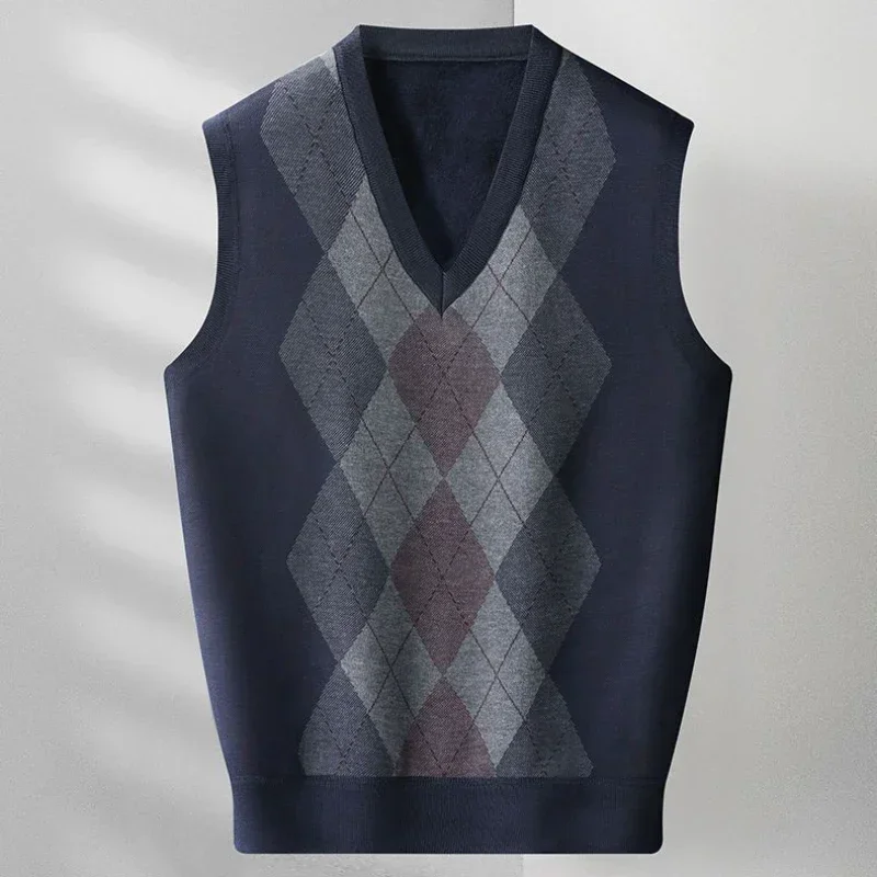 

Knit Sweater Male Argyle Men's Clothing Sleeveless Waistcoat V Neck Vest Plaid Heated Elegant Over Fit Korean Autumn Clothes Old