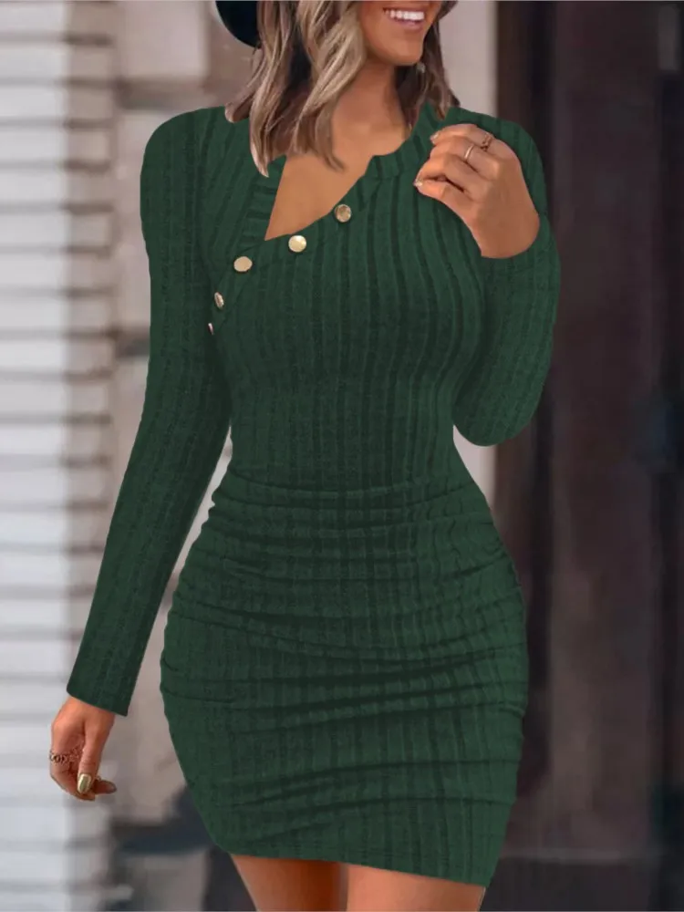 

2024 Autumn Winter Solid Color Bodycon Dress Elegant Long Sleeve Mini Dress Fashion Female Skew Collar Button Slim Dresses