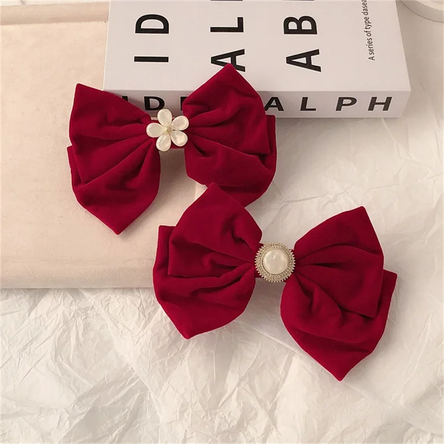 Red Velvet Bow Spring Clip For Girls Women Grace Flower Hairpin Hair Clip Party Barrette Lady Hairgrips Winter Hair Accessories spring summer women s blazer middle sleeve slim fit korean grace office work clothes business wear fashion basic edition new