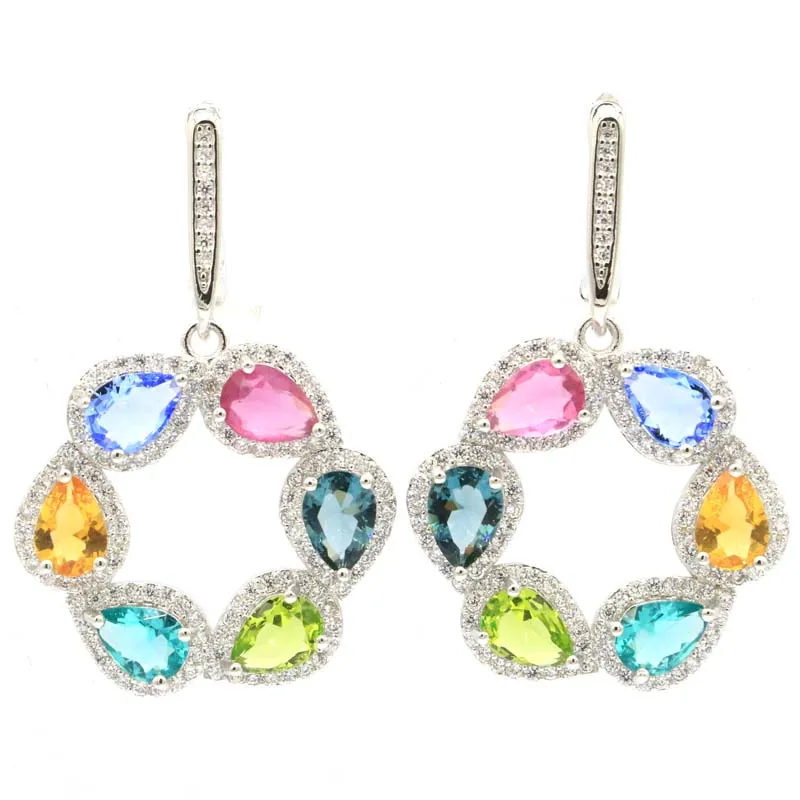

925 SOLID STERLING SILVER Earrings 11g Multi Color Purple Amethyst Tanzanite Citrine Aquamarine Peridot White CZ Ladies Party
