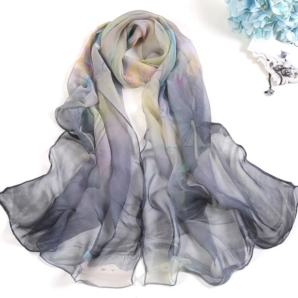 Fashion Floral Printing Silk Scarf Lotus Leaf Breathable Women Foulard Smooth Sunscreen Hijab Women