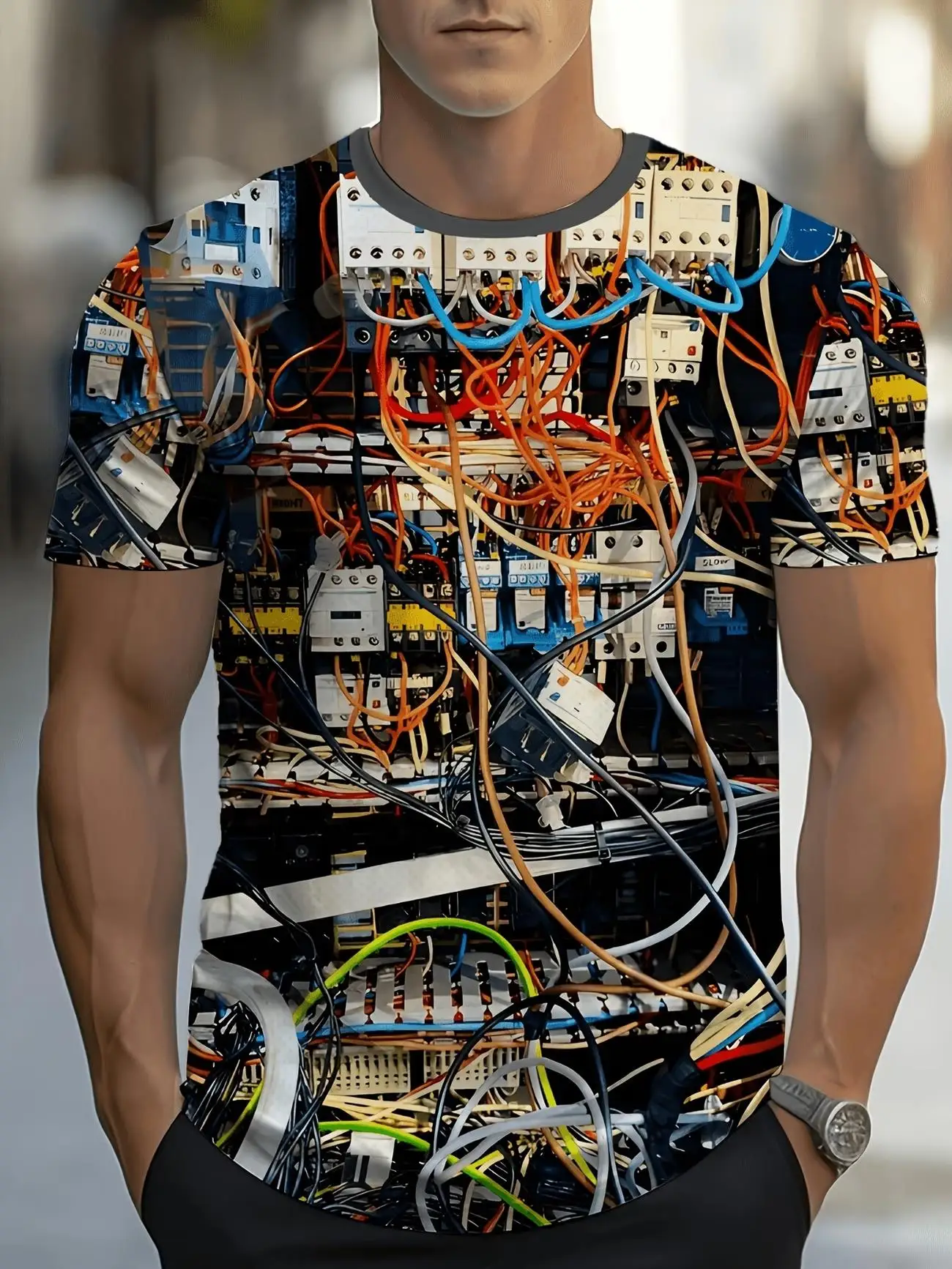 Herren-T-Shirt, grünes Leiterplatten-Chip-Elektronik-Design, vollflächiger Druck, Kurzarm, Rundhals, Geek-Streetwear, lässiges Herren-Oberteil