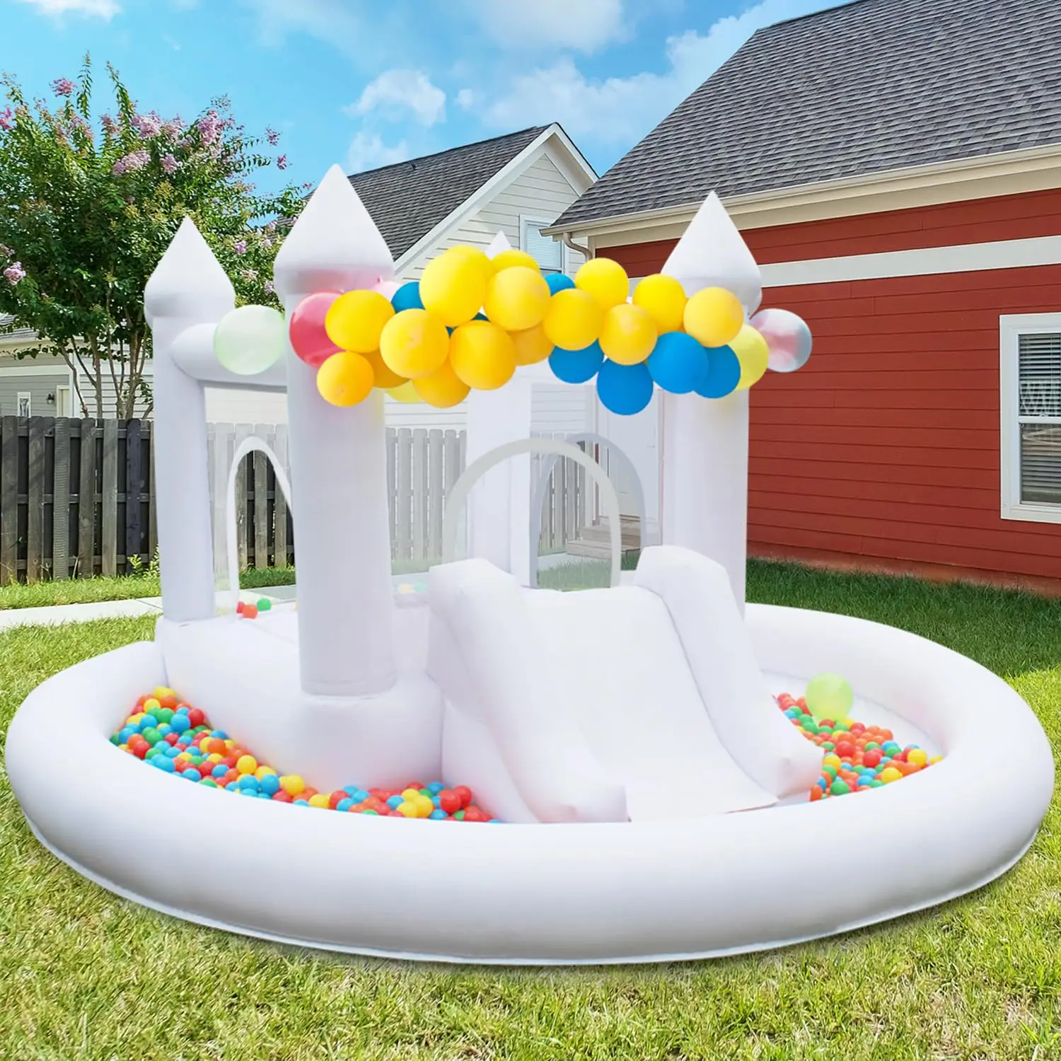 

White Bounce House, 12x11ft Bouncy House with Slide and Ball Pit, White Castle Theme Inflatable Trampoline with Air Blower