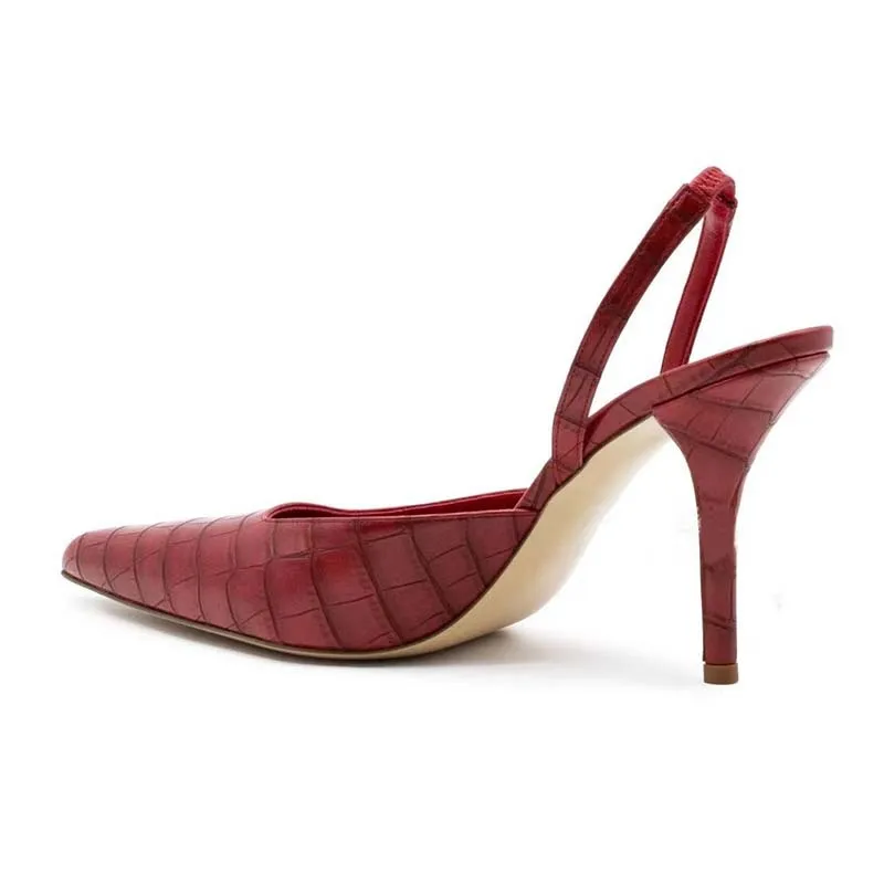 Red Stone Pattern Pointed Closed Toe Slingback Stiletto Sandals Woman Summer Back Strap Sexy High Heels Shoes for Women