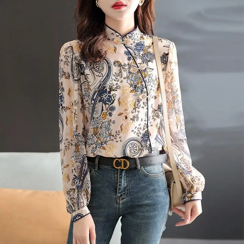 Spring Autumn Long Sleeve Printing Chic Chinese Style Trend Button Blouses 2023 New Women's Clothing Tops All-match T-Shirt summer new cowboy patchwork printing shirt women fashion casual short sleeve loose button cardigan ventilate all match chic top