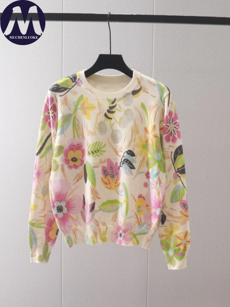 

Women's Sweater 2023 Autumn/Winter New Color Printing O Neck Sweaters Tops Fashion Casual Loose Appear Thin Women Pullovers