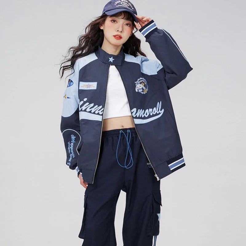 

Sanrios Kuromi My Melody Cinnamoroll Retro Motorcycle Jacket Girls Spring Cartoon Original Kawaii Versatile Loose Zipper Jacket