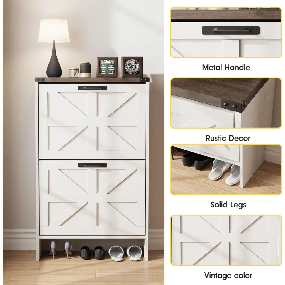 Farmhouse Slim Shoe Cabinet with 2 Flip Drawers,Narrow Rack Cabinet for Entrance Hidden Shoes, Shoe Cabinets 4
