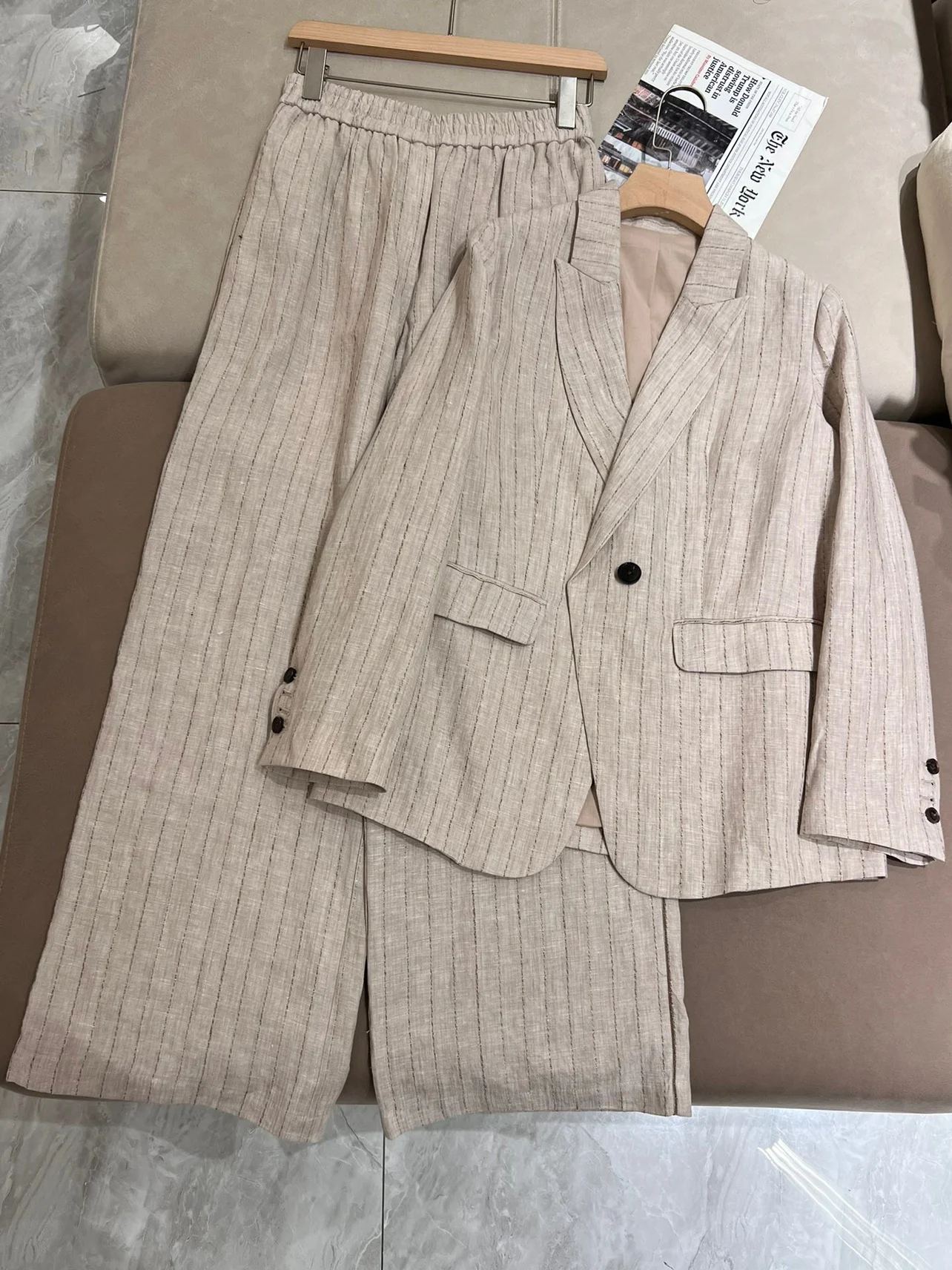 

Spring 2024 Women's Suit Stripe Linen Blazer Jacket Pants Sets High Waist Wide Leg Trousers Female Clothing