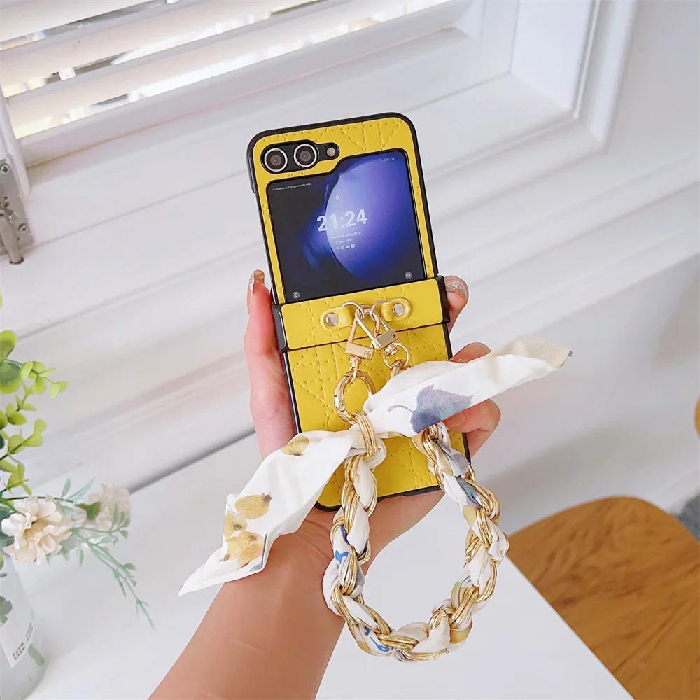 Elegant PU Leather Chain Silk Wrist Strap Phone Case - Shockproof Protective Cover