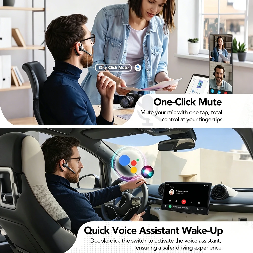 Mpow A6 Bluetooth 6.0 Headset with Microphone 96-Hour Open Ear Noise Canceling Wireless Earpiece Mute Button for Trucker Office