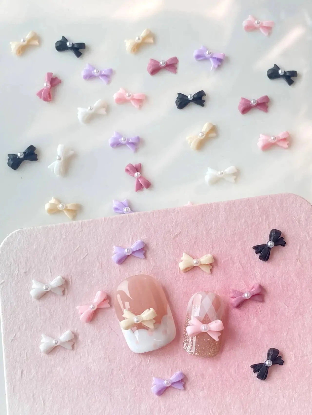 믹스 컬러 보우와 진주 한국 스타일 네일 아트 참 3D 핑크 블랙 화이트 보우 매듭 네일 액세서리 DIY 디자인