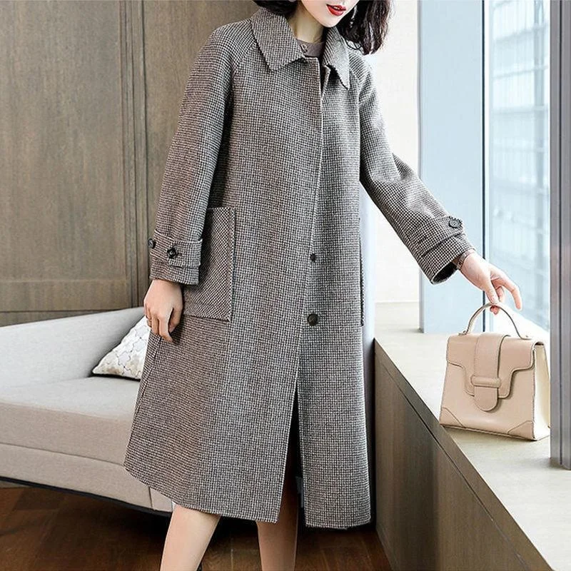 

Office Lady New Fahsion Spring Thousand-bird Double-sided Cashmere Overcoat For Women In Autumn And Winter Loose Coat