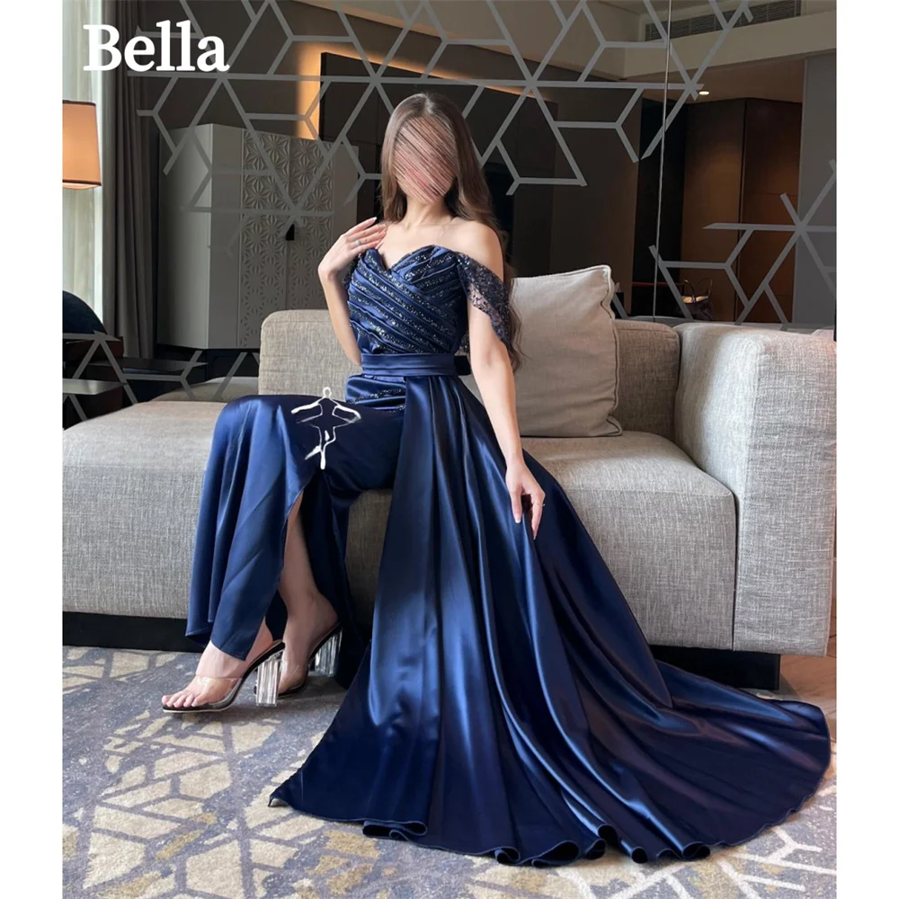 

Bella Luxury Blue Satin فساتين السهرة Off the Shoulder Long Shawl Prom Dresses Elegant Sleeveless Cascading Ruffle Evening Party