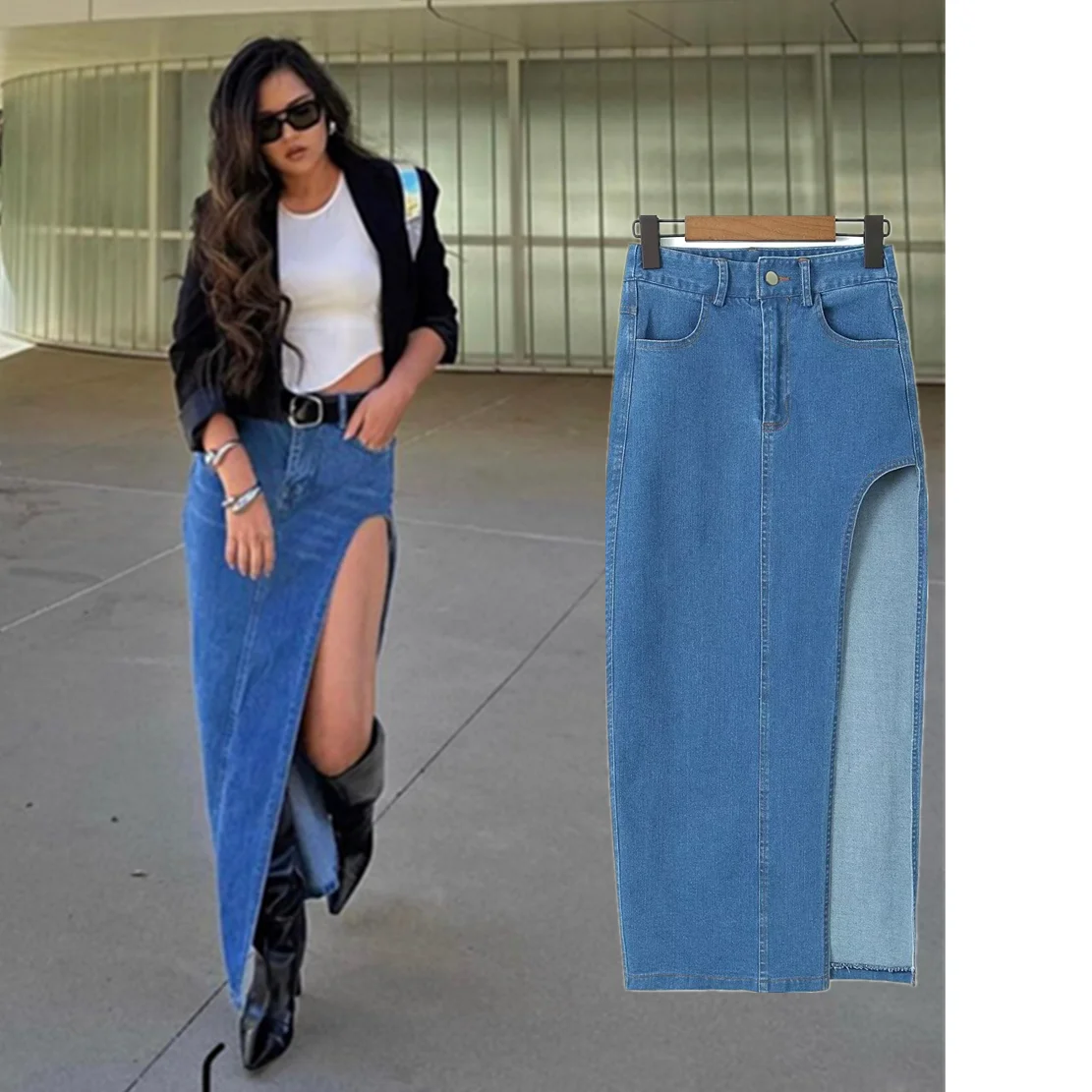 

Elmsk 2023 Summer European And American Fashion Blogger Retro High Waist Skirt Sexy Fork Midi Denim Skirt Women