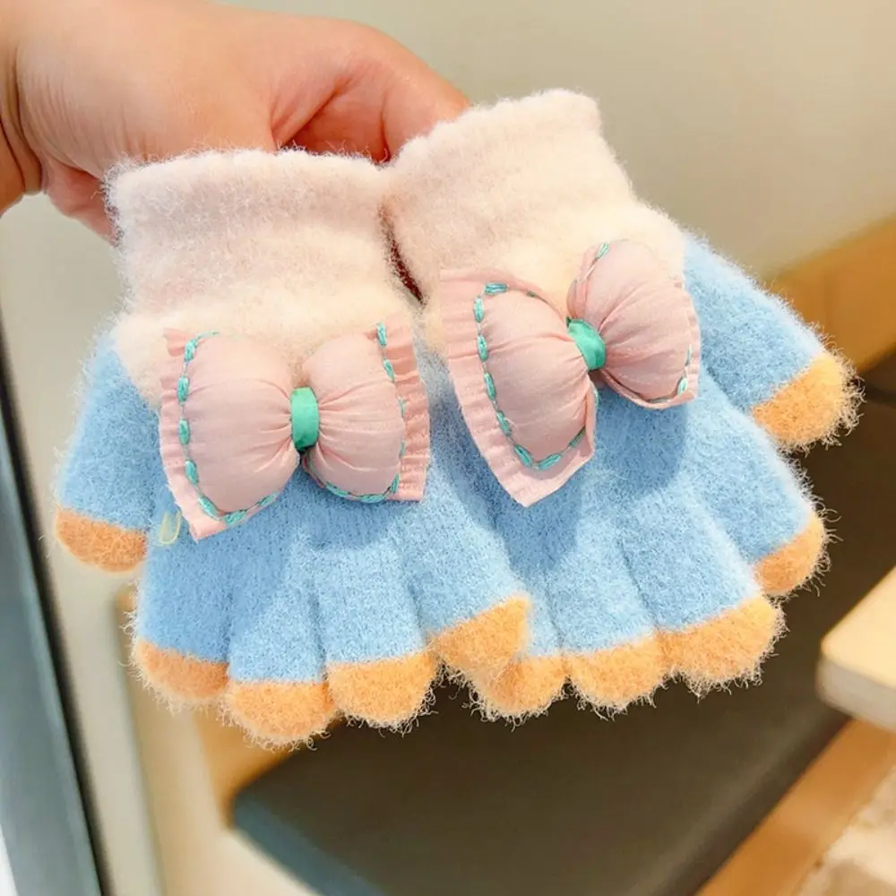 패션 푹신한 어린이 장갑 패치 워크 색상 솔리드 컬러 보우 따뜻한 장갑 전체 손가락 방풍 니트 장갑 야외