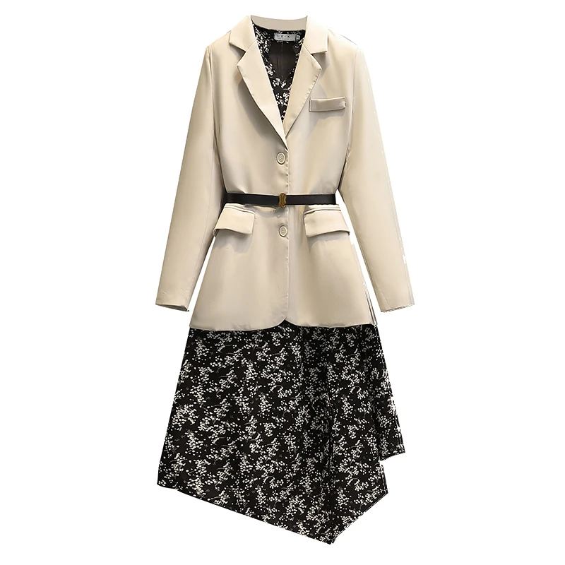

Elegant Two-piece Set For Women 2023 Suit Collar Jacket Tops And Printed Long Dress Large Size Female Autumn Winter Office Suits
