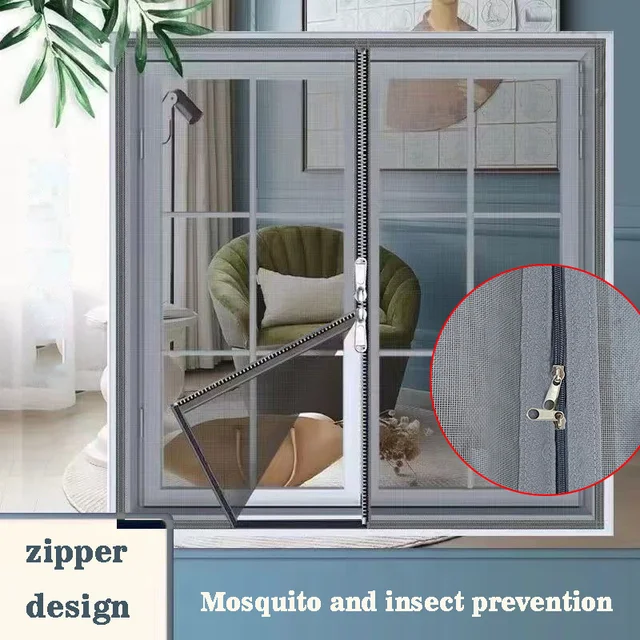 Fenêtre anti-moustiques à fermeture éclair grise, moustiquaire invisible domestique, anti-insectes, auto-installation sans trous de perforation 1