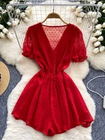 Foamlina Casual Women Summer Playsuits Solid Color Polka Dot V Neck Short Sleeve Buttons Elastic Waist Wide Leg Shorts Jumpsuits - Image 4