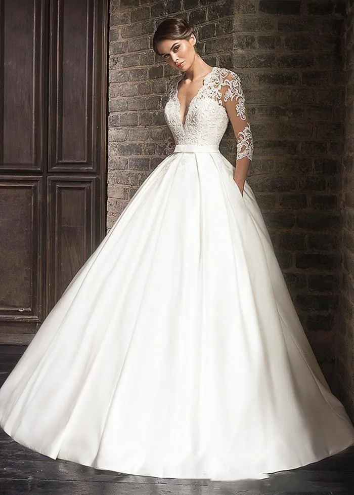 Elegant Lace Wedding Dresses vestido de novia 2022 Half Sleeves V-Neck Bride Dress Sweep Train Pockets Customize Robe De Mariee 2