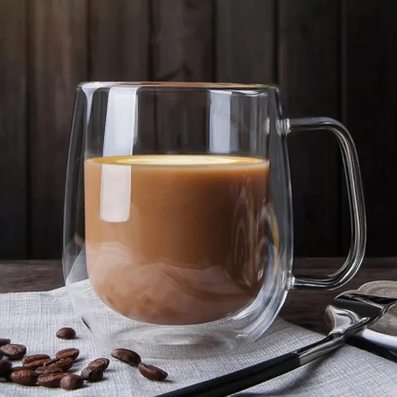 Double walled high borosilicate glass cup, heat-resistant handle, coffee, milk, juice, water cup, bar drinking utensils, coffee