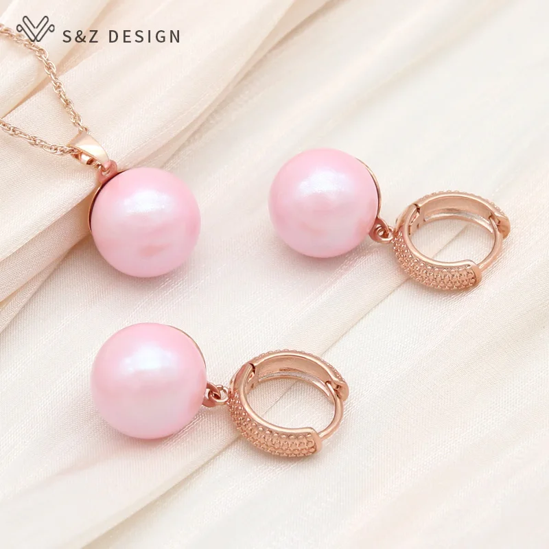 S&Z DESIGN New Fashion Round Colorful Imitation Pearl Drop Earrings Jewelry Sets For Women 585 Rose Gold Color Pendant Necklace