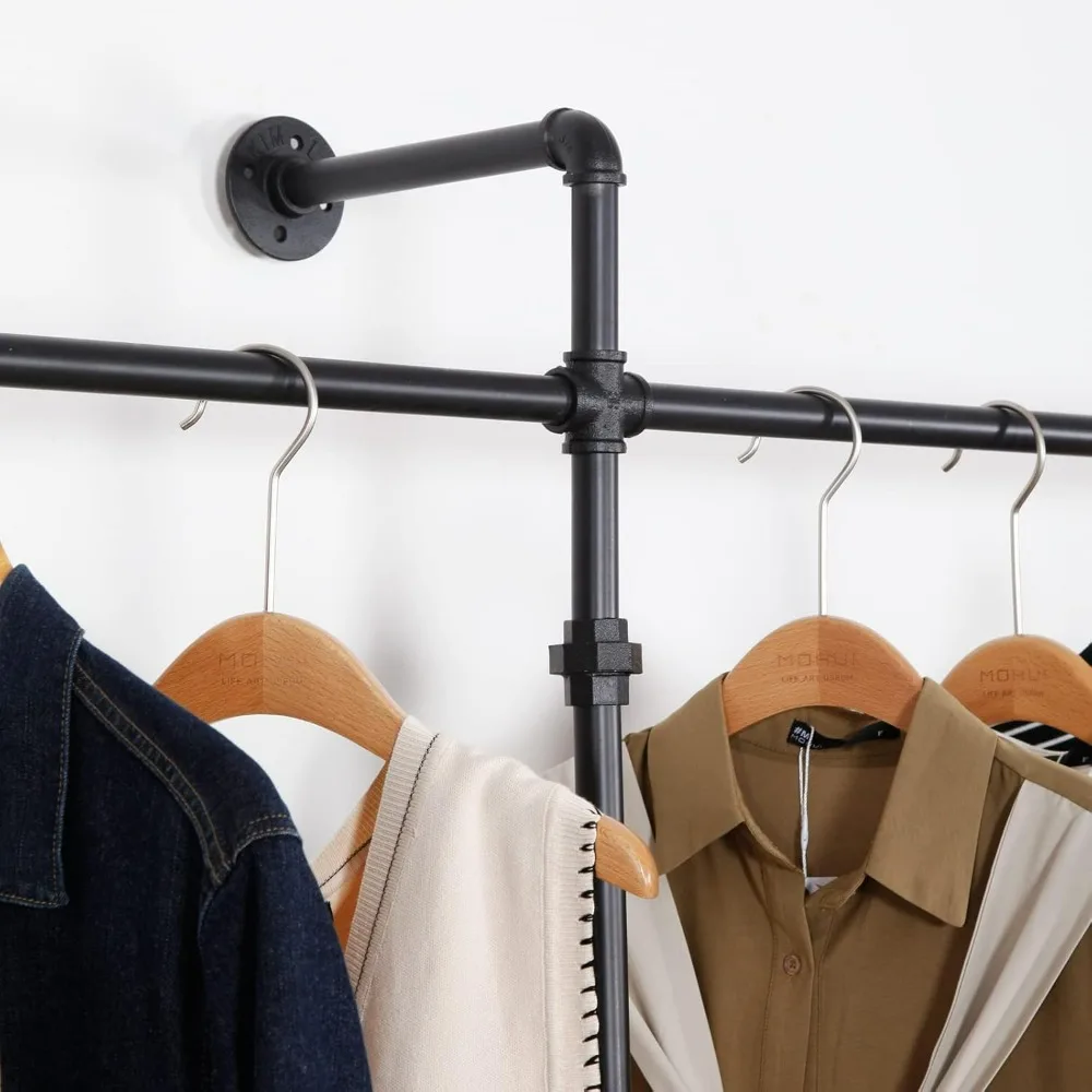 Sturdy Industrial-Style Wall-Mounted Clothing Rack with Heavy-Duty Hanging Rod for Garments and Display