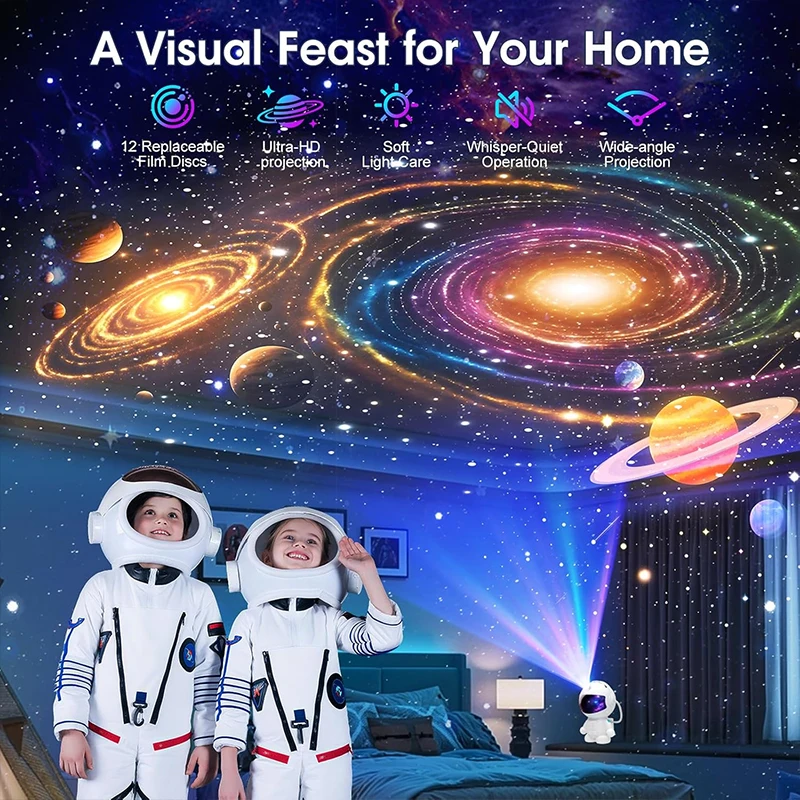 Astronaut Planetarium Projector for Bedroom 12 Image Discs, Galaxy Night Light, Ceiling Mood Lighting, LED Space Room Decor
