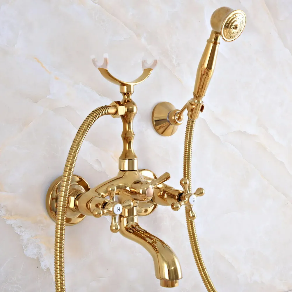 

Современный золотистый латунный настенный смеситель для ванной комнаты, набор с шлангом 150 см, ручной душ с распылителем, смеситель Dna952