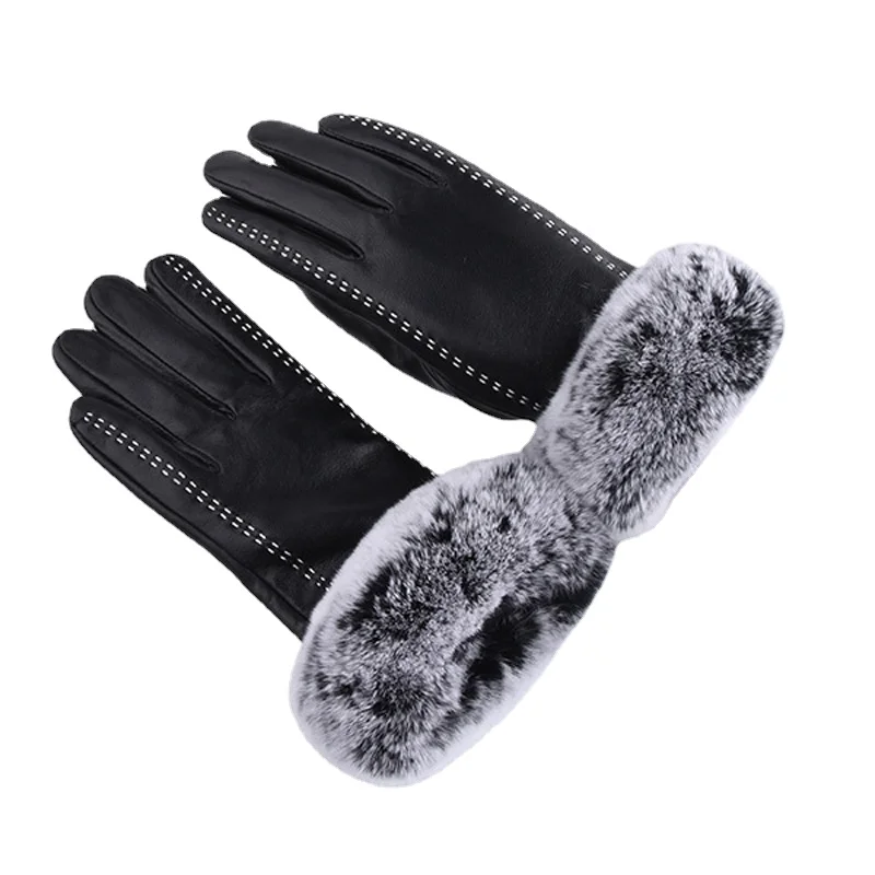 

Leather Gloves Female Winter Plus Velvet Finger Touch Screen Rabbit Hair Mouth Double Line Handmade Sheepskin Outdoor Warmth