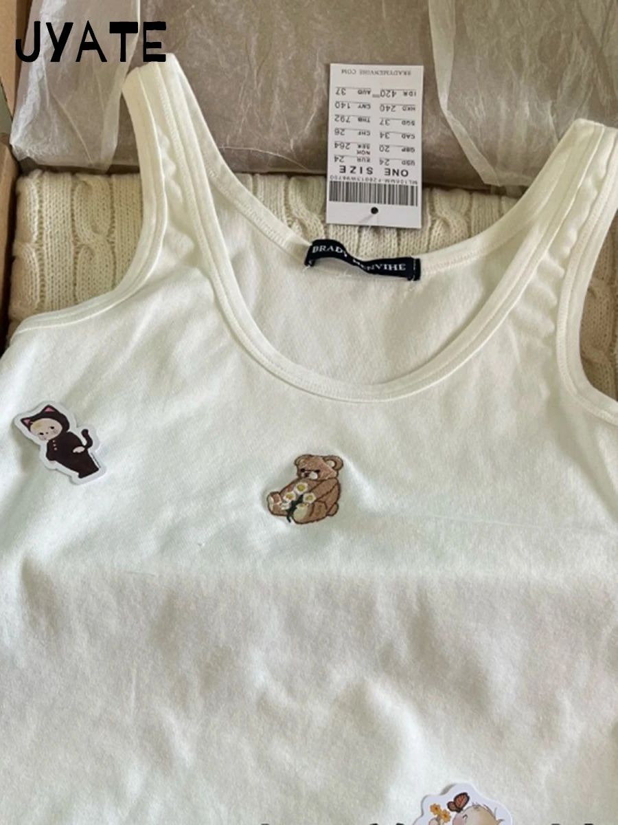 Little Bear Embroidery U-neck Tank Tops Women Summer Cotton Streetwear  White Casual Cropped Vest Sweet Cute Vintage Camisole Y2K - AliExpress, image size:900x1200