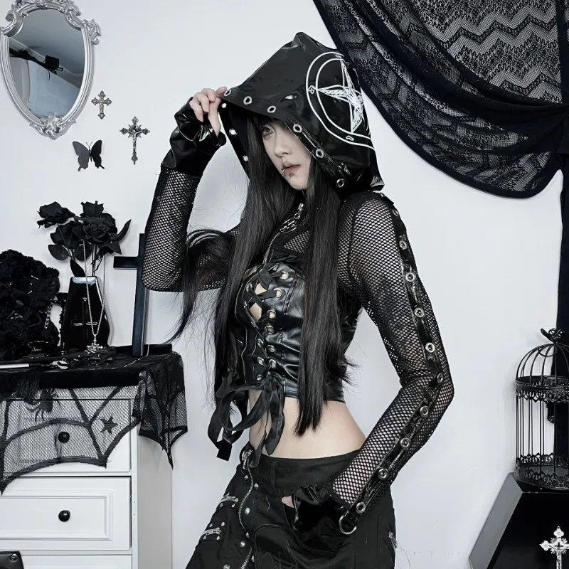 

Pu Leather Patchwork Hollow See Through Print Blouse Women Summer Hooded Long Sleeve Zipper Slim Short Hoodie Trends Streetwear