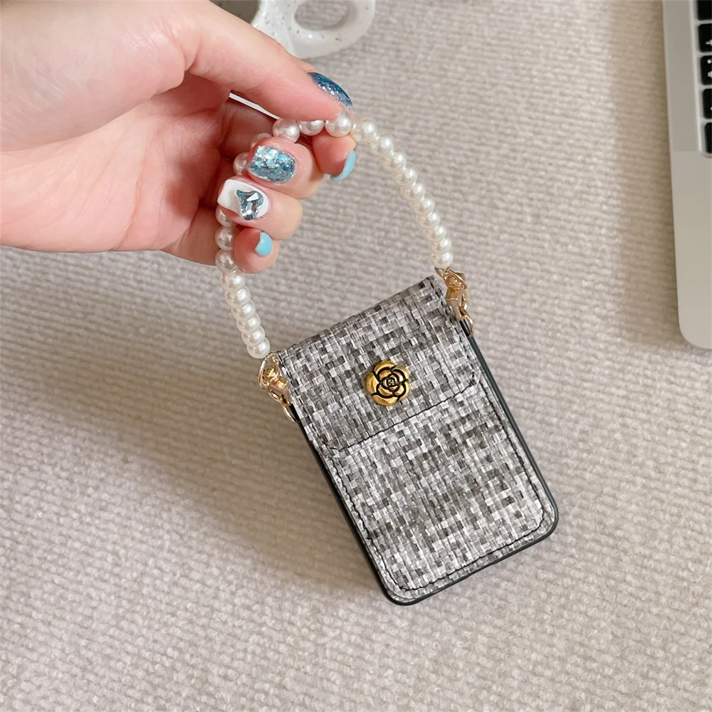 Luxury Woven Texture PU Leather Card Holder Wrist Strap Phone Case