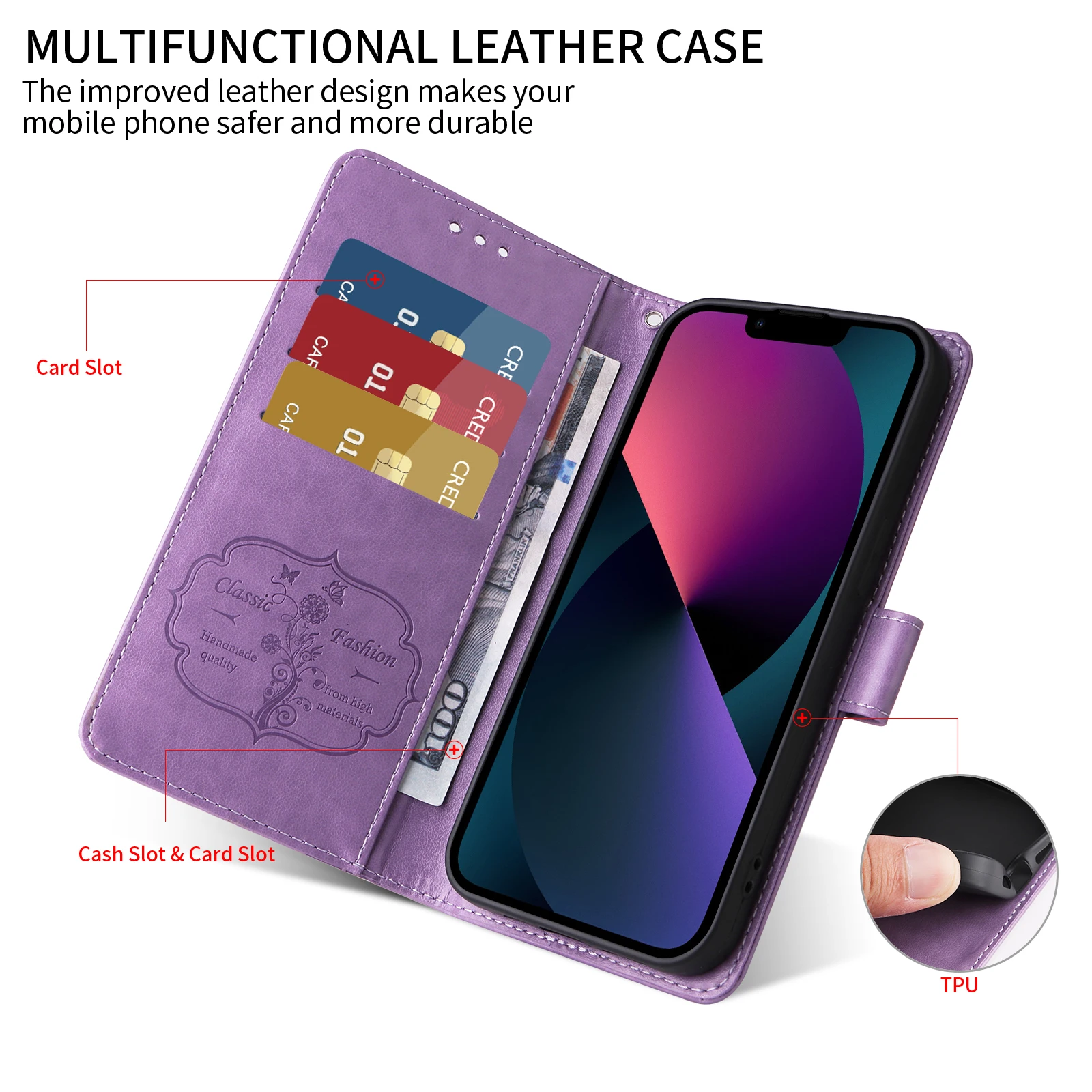Elegant Leather Flip Cover Wallet Phone Case with Fringed Iris Card Slot