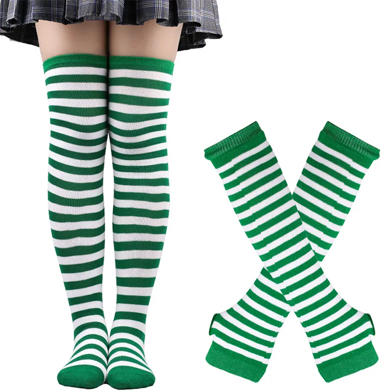 1 Set Damen Mädchen Overknee Lange Gestreifte Bedruckte Oberschenkelhohe Baumwollsocken Mädchen Armstulpen Handschuhe Socken Cosplay-Anzug Weihnachtsgeschenk – Detail 9