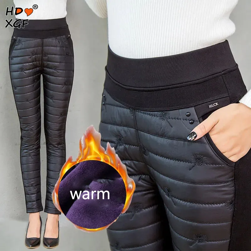 Fashion Embroidery Trousers Women Winter Down Cotton Warm Velvet Pants Mom Snow Wear Thick Straight Pants Large Size Sweatpants