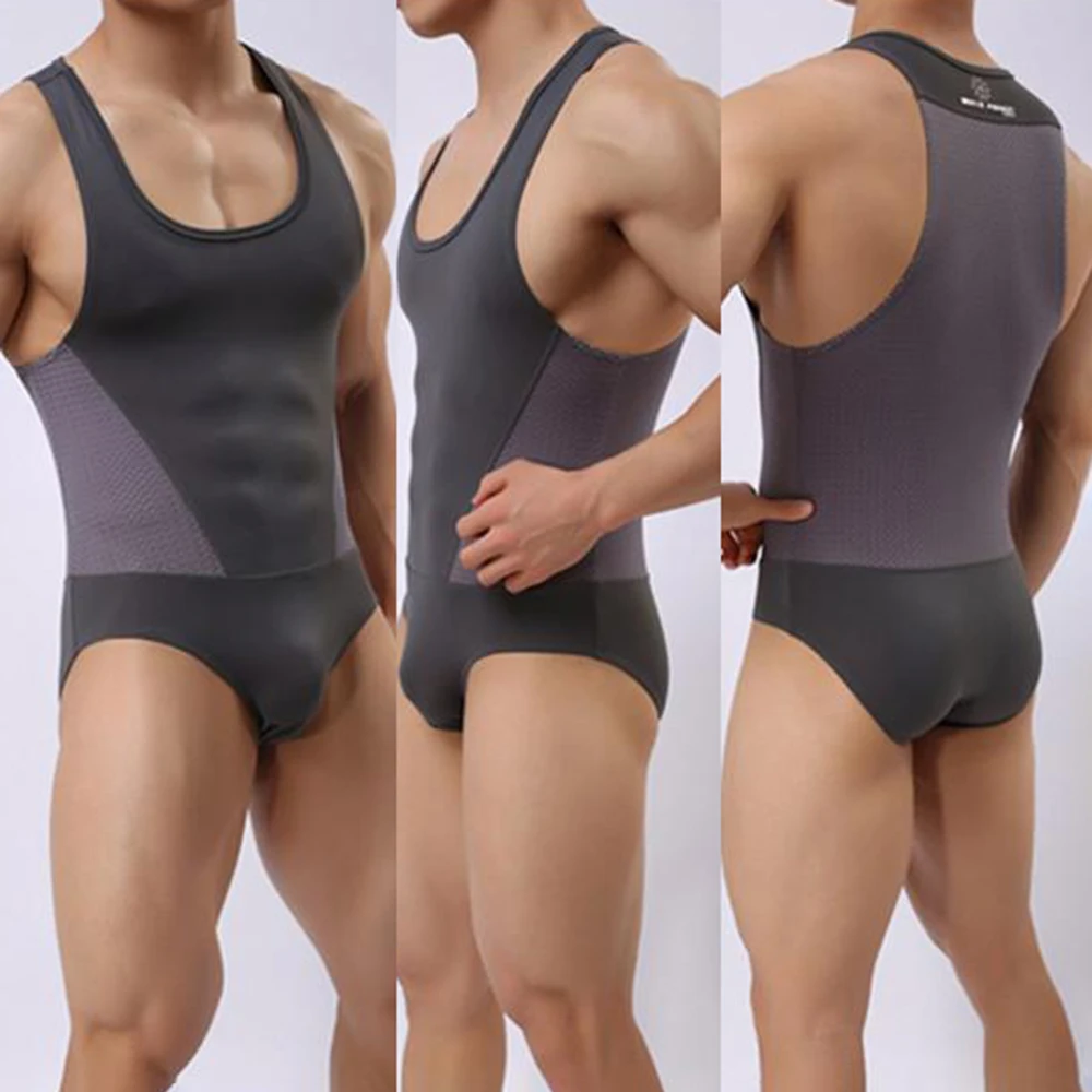 Mens Sports Fitness Mesh Home Jumpsuit Summer Breathable Sexy Shaping Plain Simple Underwear Vest Men'S Clothing New