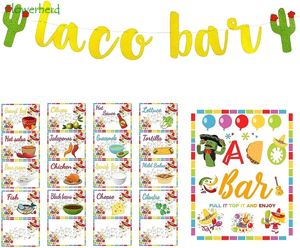 Fiesta Taco Bar Cactus Banner Garland Golden Green Glittery - Temu