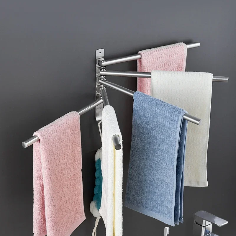 Stainless Steel Bathroom Towel Rack Rotatable Towel Holder Save Space Kitchen Wall Mounted Bracket Shower Room Storage Organizer
