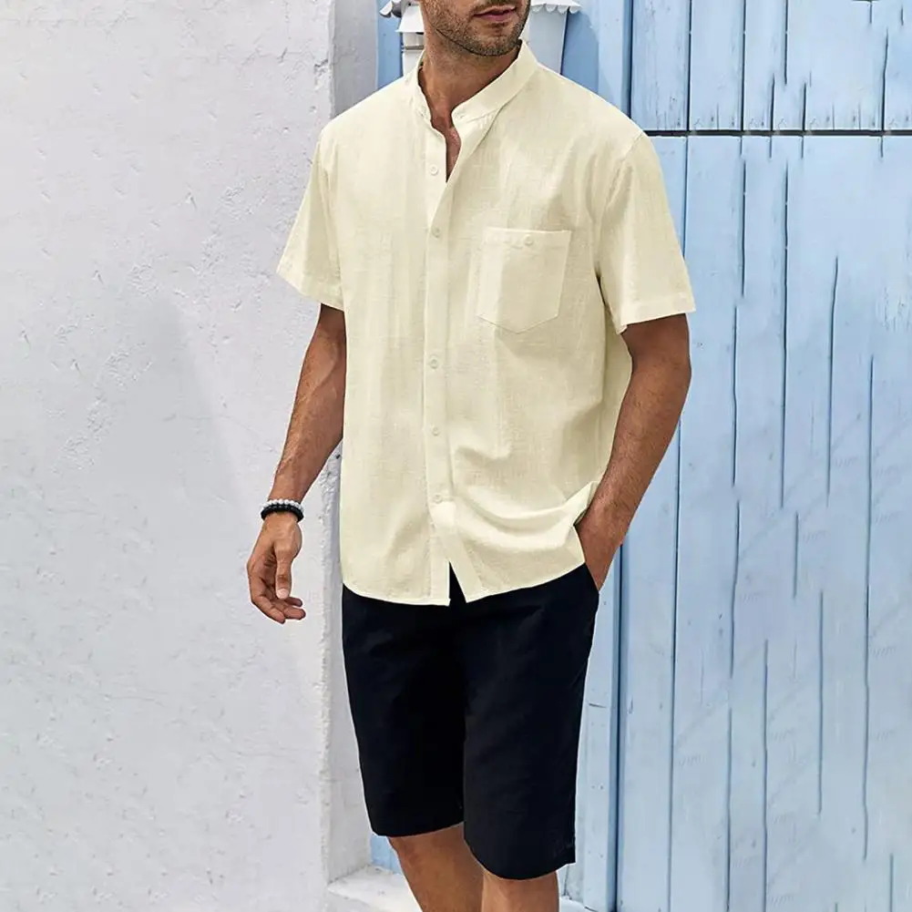 

Рубашка мужская однотонная с воротником-стойкой, повседневная сорочка с короткими рукавами, с накладным карманом, в стиле ретро, на лето